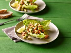 Avocado and salmon salad with dill on cos lettuce leaves