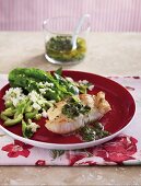 Grilled fish with salsa verde and salad