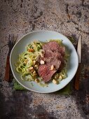 Poached beef fillet with kale and kohlrabi noodles