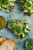Slices of grilled bread topped with avocado, green asparagus and cress