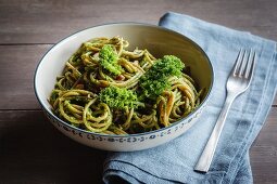 Wholemeal spelt pasta with savoy cabbage and hazelnut pesto