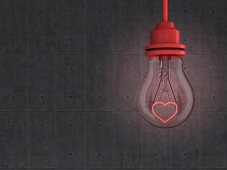 Light bulb with red heart-shaped filament in front of concrete wall - 3D rendering