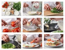 Pancake cake with rocket and ricotta being made