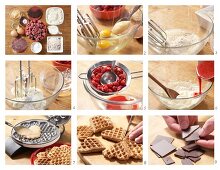 Waffle hearts with strawberry quark and chocolate leaves being made