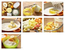 Coconut rice pudding with fresh fruit being made