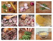 Spaghetti with an onion and olive sauce and rocket being made