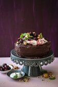 Chocolate mayonnaise cake with cherries and dark ganache