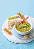 Chicken and sweetcorn soup with breadsticks