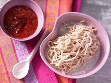 Sweet mie noodles with vanilla and damson compote