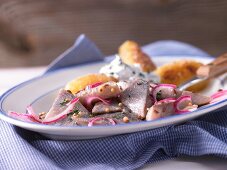 Soused herring and dill canapés with fried potatoes