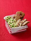 Various Christmas biscuits in a gift box