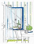Illustration: Fenstergestaltung mit blauer Fensterlaibung, Streifentapete und luftigem Vorhang im Essbereich