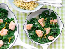 Salmon & spinach with boiled orange wheat