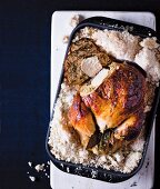 Stuffed chicken with a salted crust