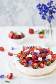 Creamy cheesecake with strawberries and edible flowers