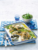 Pan-fried jacopever fillets with caper sauce