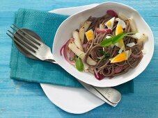Soba noodles with May turnips, red onion and egg