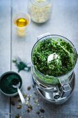 Kale tapenade with spirulina in a blender (superfood)