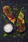 Grilled aubergines with mint and pomegranate seeds