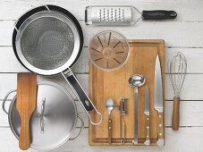 Kitchen utensils for preparing Flädlesuppe (Swabian soup made with pancake strips)