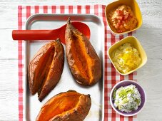Sweet potatoes with colourful dips
