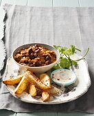 Chili con carne with potato wedges and sour cream