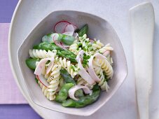 Pasta and asparagus salad with radish and turkey breast