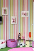 Striped wallpaper and various accessories in retro ambiance