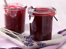 Pomegranate jam with lavender flowers