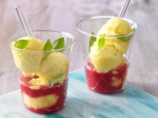 Mangosorbet mit Himbeersauce und Basilikum