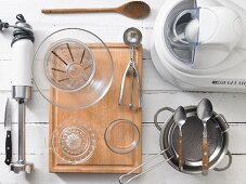 Assorted kitchen utensils for preparing ice cream and sorbet