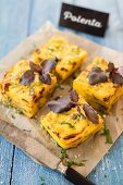 Polenta quiche with mushrooms and purple basil