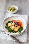 Pan-fried tofu on a bed of leaf spinach with tomatoes