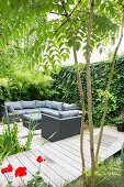 Lounge auf Holzterrasse an Gartenteich neben Holzsteg und berankter Sichtschutzwand