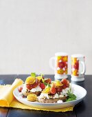 Slices of bread topped with ricotta and roasted cocktail tomatoes