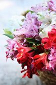 Red, white and purple flowers in basket