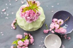 Pink cherry blossom in vase amongst scattered petals