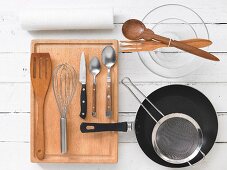 Kitchen utensils for preparing fish and salad