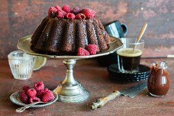 Double chocolate cake with raspberries and chocolate sauce baked into a bundt tin
