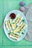 A cream cheese and pea terrine with smoked salmon and cucumber for Easter