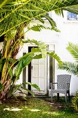 Chair with black and white graphic pattern in garden