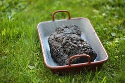 A chunk of barbecue pulled pork with a black crust outside in the grass
