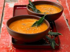 Tomato soup with toasted buckwheat and sage