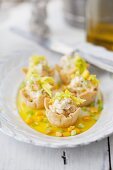 Celery and sweetcorn salad served in pastry bowls