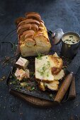 Savoury bread and butter pudding with Cheddar sauce