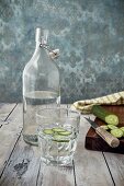 Glas Gurkenwasser, Wasserflasche und frische Gurke