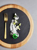 White chocolate terrine with lime, cucumber jelly and boba
