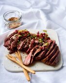 Rump steak with spiced salt and beetroot salsa