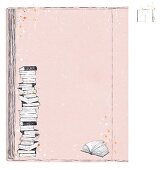 Illustration: Bücherstapel und aufgeschlagenes Buch vor rosa Hintergrund