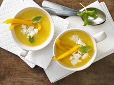 Pepper and polenta soup with sheep's cheese